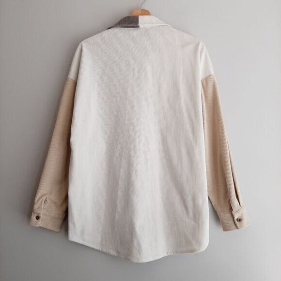 Colorblock Rib Corduroy Shacket Button Down Shirt Neutral White Gray Cream Sz L - Picture 7 of 12